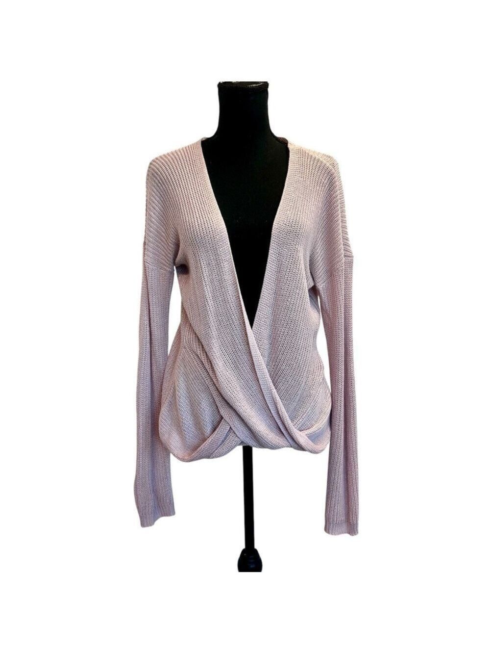 Pastel dusty rose pink crisscross draped knit sweater lightweight long sleeves M